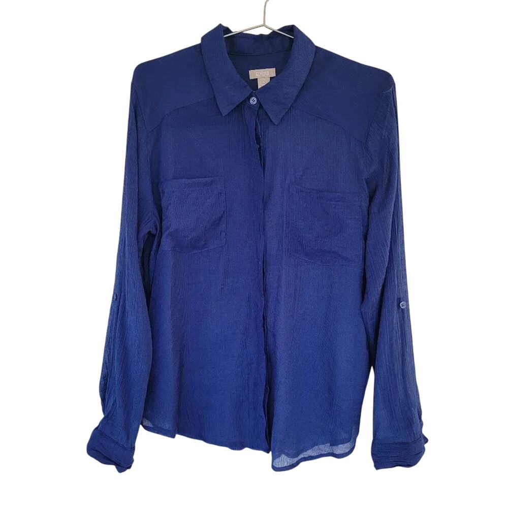 Chicos Royal Blue Button Down Blouse Womens Size L Long Sleeve Semi Sheer Rayon